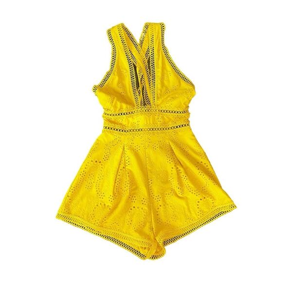 NBD Dreslin Yellow Eyelet Romper Halter Cutout NWT XS - Picture 3 of 8
